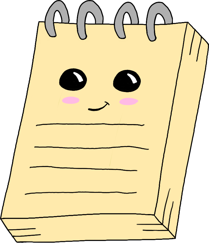 Un bloc-notes à spirale avec un visage souriant dessiné, affichant des joues roses et de grands yeux noirs.