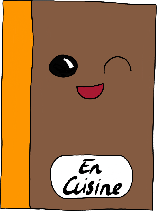 Illustration d'un livre avec un visage souriant sur la couverture et l'inscription 'En Cuisine' en dessous.