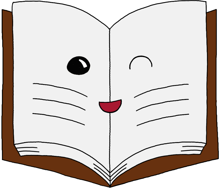 Un livre ouvert avec un dessin de visage souriant, comprenant un œil fermé, un œil noir ouvert et une bouche souriante rouge, donnant une impression joviale.