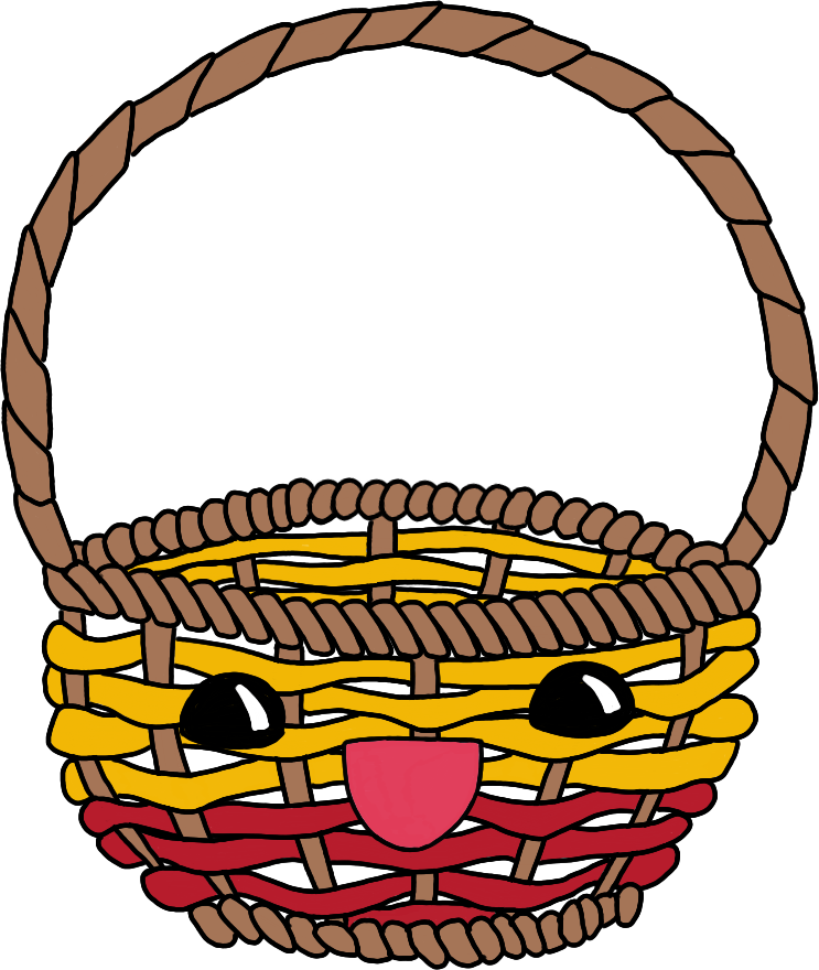 Un panier en osier avec des décorations colorées et un visage souriant dessiné dessus.